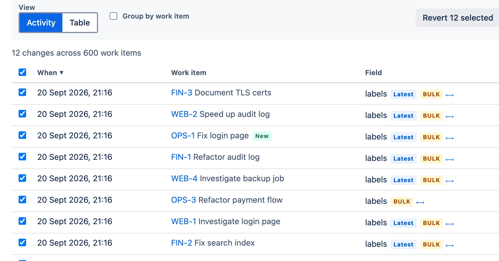 UndoTrail filtered to bulk changes: every automation edit marked BULK, all selected, ready to revert