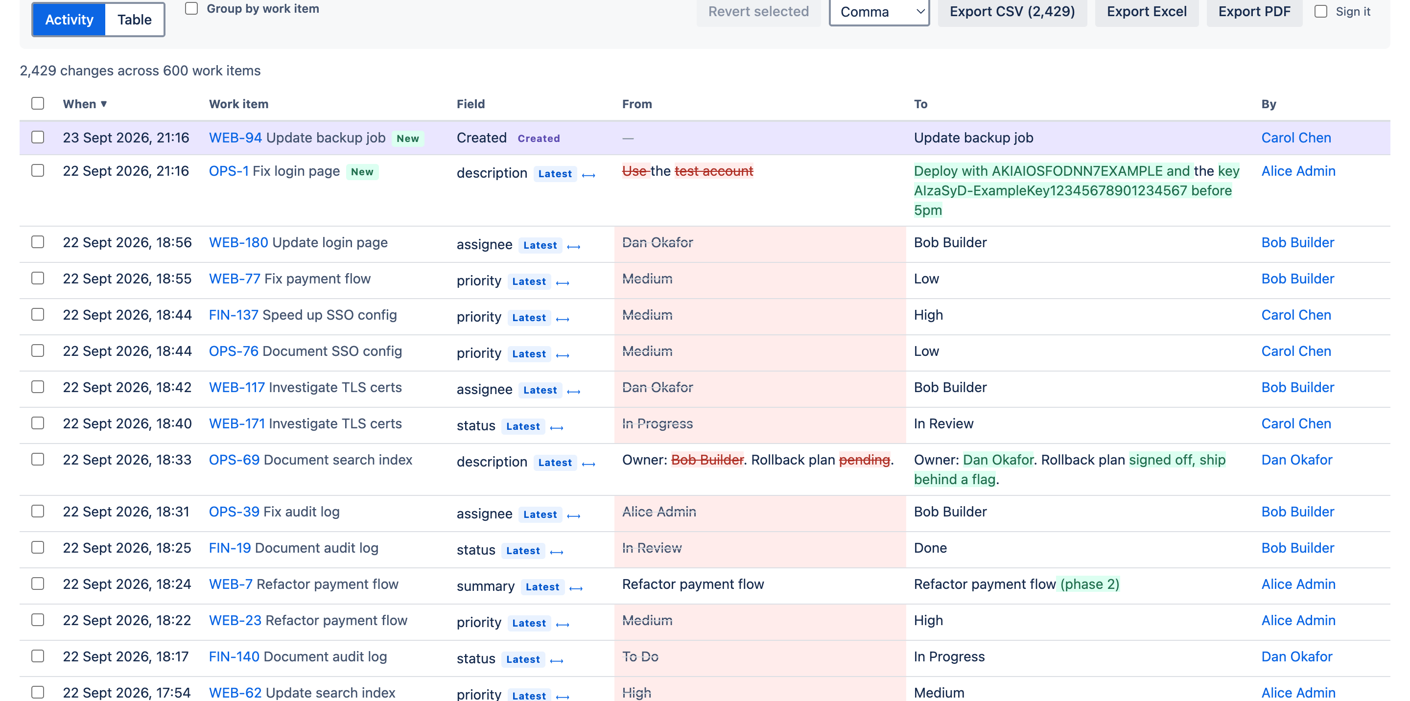 The UndoTrail report explorer, showing every field change across every project